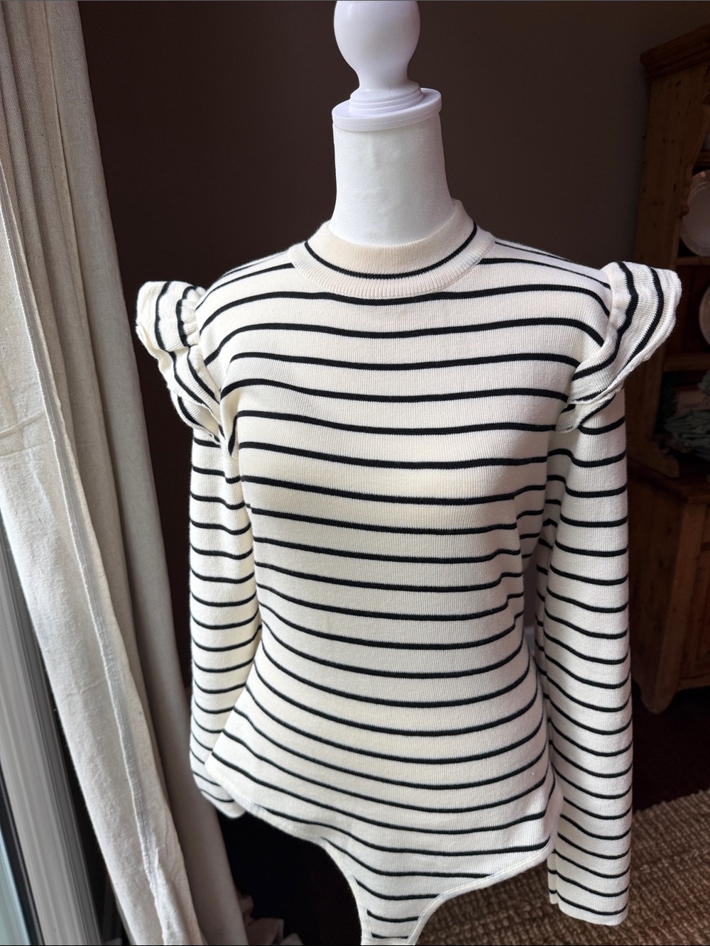 Gilli Cream and Black Striped Ruffle-Sleeve Bodysuit